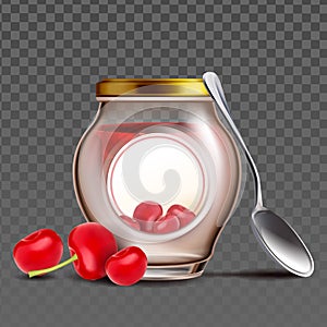 Bottle With Cherry Berries Jam And Spoon Vector