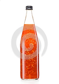 Bottle of chili sweet and sour chinese sauce on white background
