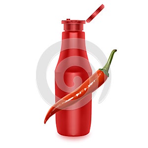 Bottle of Chili and Tomato Ketchup Sauce, Spicy red sauce with chilli. Vector realistic illustration isolated on white background
