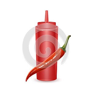 Bottle of Chili and Tomato Ketchup Sauce, Spicy red sauce with chilli. Vector realistic illustration isolated on white background