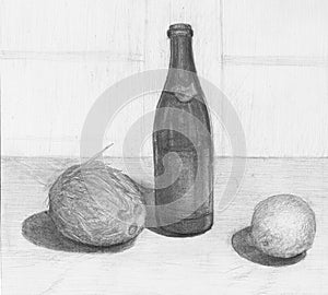 Bottle, Ð° coconut and an orange