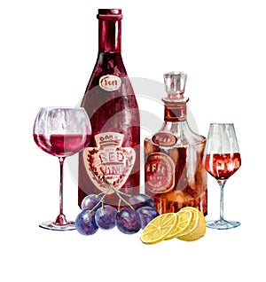 A bottle of cognac and a bottle of red wine and fruits, a glass and grapes and lemon,