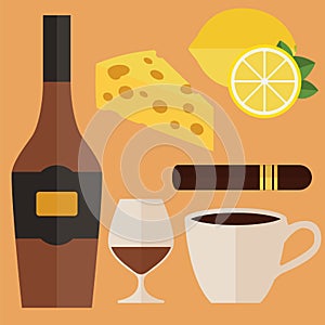 Bottle of cognac, glass, cigar and snacks. Vector illustration