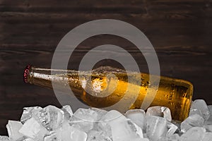 Bottle of cold beer in ice cubes at the wooden background