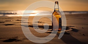 bottle of cold beer on the sand of the beach at sunset, alcoholic drink in sun backlight at a beautiful sunrise, generative AI