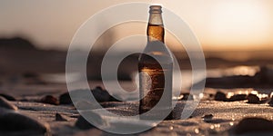 bottle of cold beer on the sand of the beach at sunset, alcoholic drink in sun backlight at a beautiful sunrise, generative AI