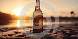 bottle of cold beer on the sand of the beach at sunset, alcoholic drink in sun backlight at a beautiful sunrise, generative AI