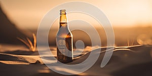 bottle of cold beer on the sand of the beach at sunset, alcoholic drink in sun backlight at a beautiful sunrise, generative AI