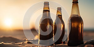 bottle of cold beer on the sand of the beach at sunset, alcoholic drink in sun backlight at a beautiful sunrise, generative AI