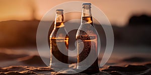 bottle of cold beer on the sand of the beach at sunset, alcoholic drink in sun backlight at a beautiful sunrise, generative AI