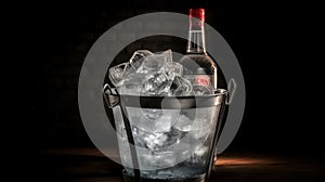 Bottle of cold vodka in bucket of ice on dark background, generative ai