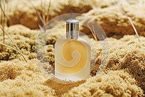 A bottle of cologne is sitting on a patch of grass