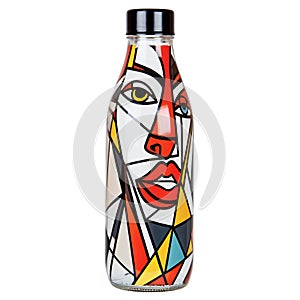 Bottle with colorful stained glass pattern isolated on white background