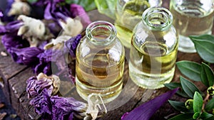 A bottle of common mallow essential oil with dried flowers. Dried herbs with essential oils for aromatherapy treatment