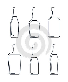 Bottle continuous line martini, whiskey, rum, liquor, champagne, vermouth in linear style on white background. Solid black thin