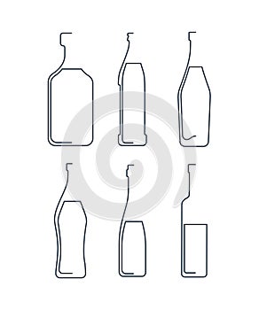 Bottle continuous line rum, beer, martini, vermouth, wine, vodka in linear style on white background. Solid black thin outline.