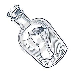 Bottle with cork and message marine symbol isolated sketch icon