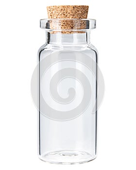 Bottle with cork stopper. Clear, empty, small, mini glass jar bottle with cork stopper or cap for art and craft projects