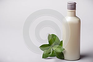 Bottle with cosmetic product or shampoo and green twig