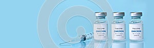 Bottle of Covid-19 vaccine to immunize from the Omicron Variant Coronavirus. The concept of medicine, healthcare and science.Copy photo