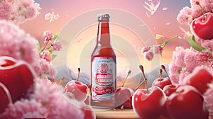 Bottle of craft cherry beer or on a light pink background with cherry blossom branches and cherry berries, promotional