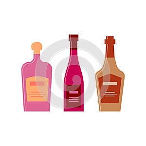 Bottle of cream, red wine, whiskey great design for any purposes. Icon bottle with cap and label. Flat style. Color form. Party