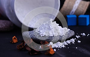 Bottle of creatine monohydrate powder