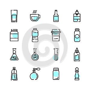 Bottle and cups Thinline icons with blue circle