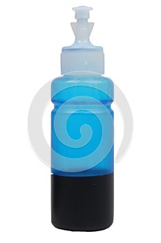 Bottle of cyan ink for inkjet printer isolated on white background