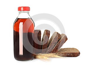 Bottle of delicious fresh kvass, spikelets and bread