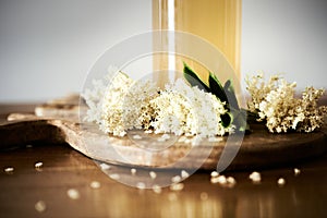 Bottle detail of homemade fresh elderflower cordial juice with small white elderflowers. Spring sweet drink or refreshing
