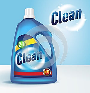 Bottle of detergent with label 3D mockup. Cleaning product realistic design. Washing supply advertisement, vector