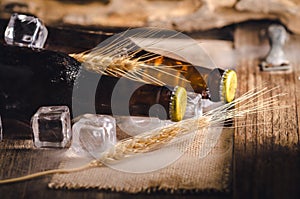 Bottle Draft Beer and ice on wooden table