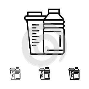 Bottle, Drink, Energy, Shaker, Sport Bold and thin black line icon set