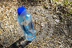 Bottle of drinking water in Norway forest bokeh background