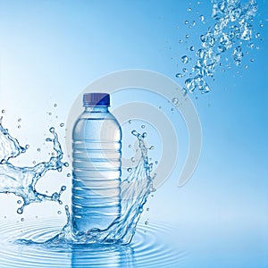 Bottle of drinking water and water splashes