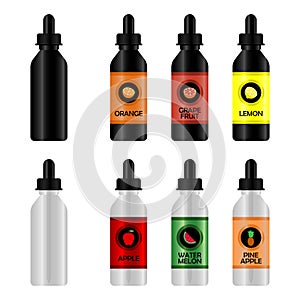 Bottle with E-liquid for Vape. Set of realistic bottles mock-up with tastes for an electronic cigarette with different flavors.