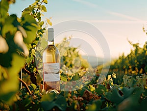 A bottle of elite white wine in the rays of the summer sun on the background of a French vineyard. The concept of elite winemaking