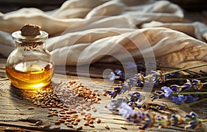 Bottle of essential oil with flax seeds and lavender flowers on wooden background