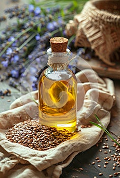 Bottle of essential oil with fresh lavender twigs and dry lavender flowers in the background
