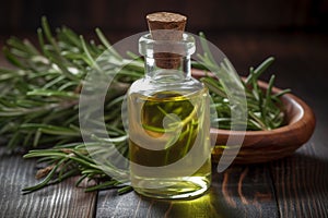 Bottle of essential oil with fresh rosemary twigs on wooden table. Rosemary oil for hair growth in a small bottle surrounded with