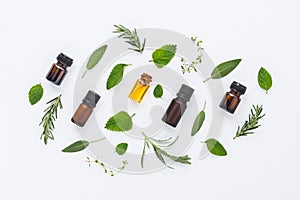 Bottle of essential oil and herbal medicine with fresh herbs lav