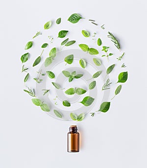 Bottle of essential oil with round shape of fresh herbs and spic
