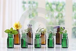 bottle of essential oil with selective medicinal herbs and plants