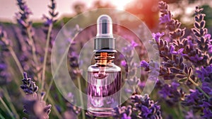 Bottle of essential oil sitting on top of some purple flowers. The bottle has an orange label and appears to be filled