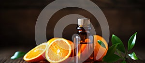 A bottle of essential oil among Valencia oranges and leaves on a wooden table