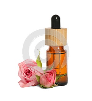 Bottle of essential rose oil and flowers against background