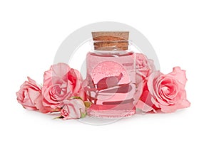 Bottle of essential rose oil and flowers on white background