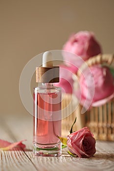 Bottle of essential rose oil and flowers on white wooden table against beige background