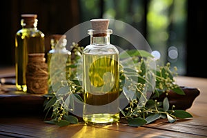 Bottle of eucalyptus essential oil and plant branches on wooden background